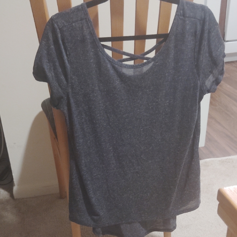 Suzy Shier Dark Gray Blouse with Crisscross Detail